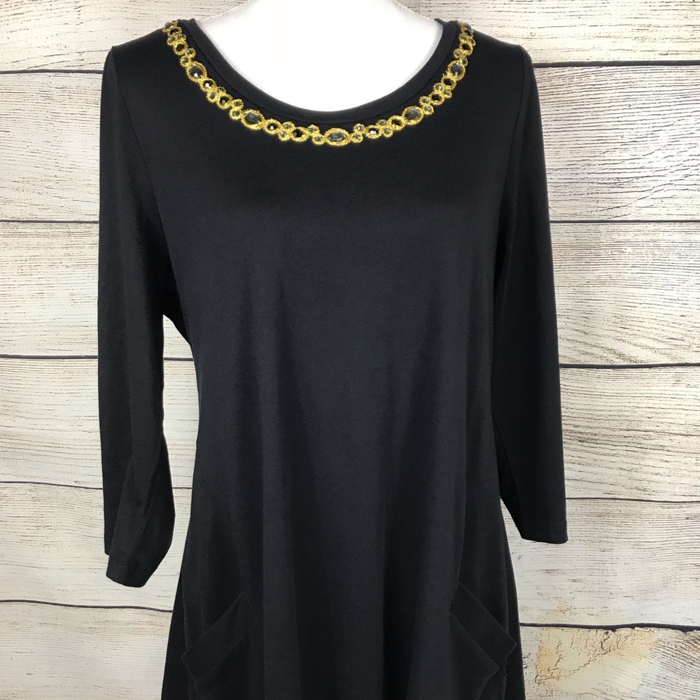 LOGO Lori Goldstein solid black 3/4 sleeve tunic top gold and stone embellished